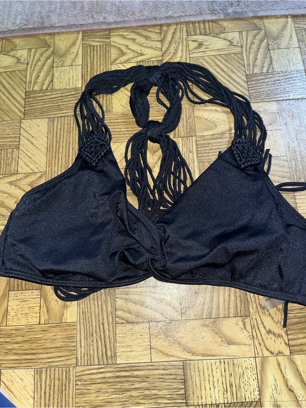 Black Knotted Halter Bikini Top with Macramé Straps